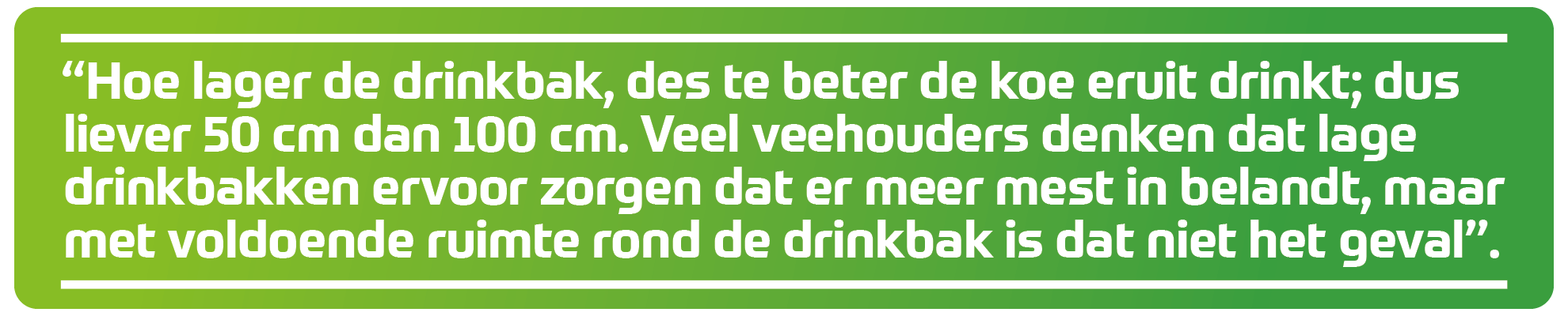 &ldquo;Hoe lager de drinkbak, des te beter de koe eruit drinkt; dus liever 50 cm dan 100 cm. Veel veehouders denken dat lage drinkbakken ervoor zorgen dat er meer mest in belandt, maar met voldoende ruimte rond de drinkbak is dat niet het geval&rdquo;.